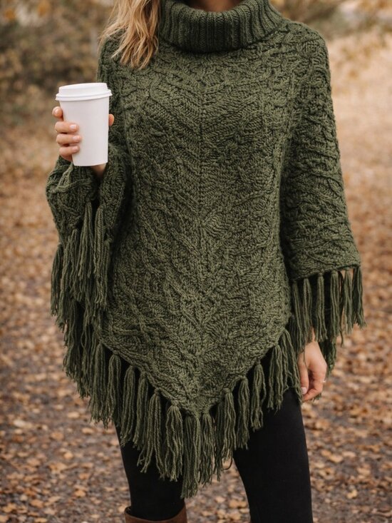 Time and Tru Sweaters - Boho Fringe Poncho Sweater Olive Green Turtleneck Cozy Oversized Cape